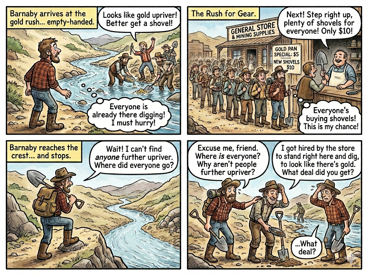 A comic strip showing gold diggers being hired by the shovel store to look like there's gold